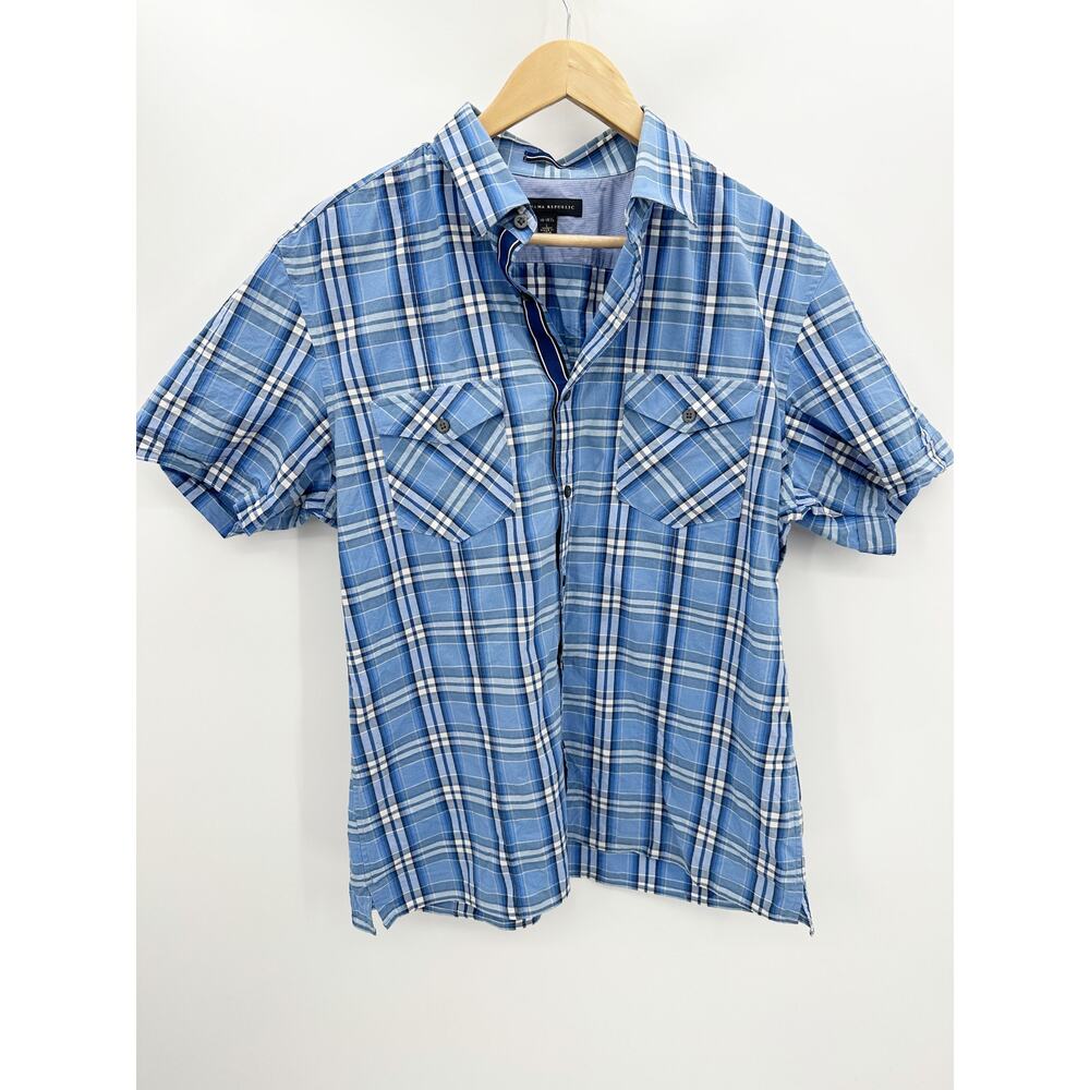 Banana Republic Mens‎ Blue White Plaid Short Sleeve Button Down Shirt Large L